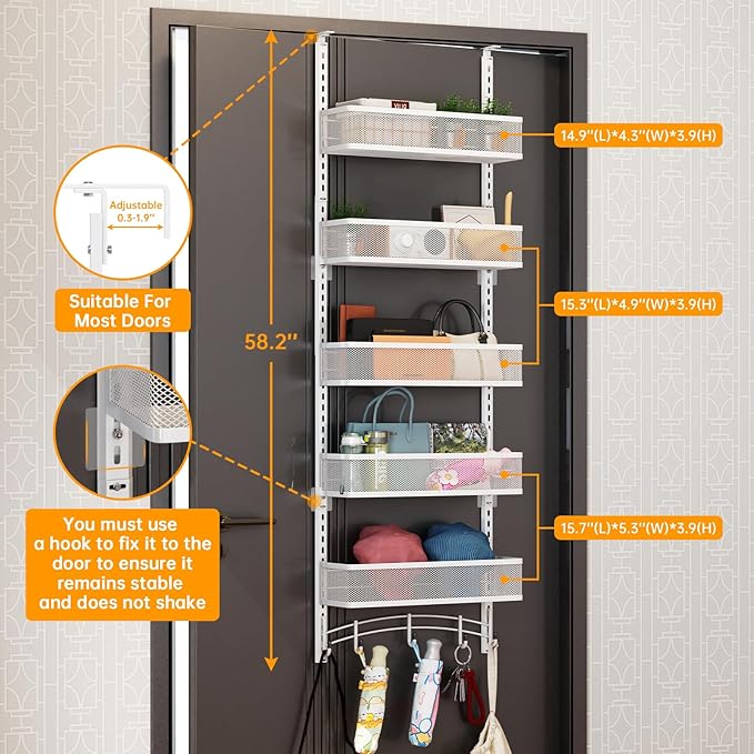 Space-Saving Over The Door Organizer with 5 Adjustable Baskets & 5 Hooks, Metal Wall Mount Storage Rack, Behind The Door Storage for Bathroom, Kitchen, Pantry, Laundry Room (Black)
