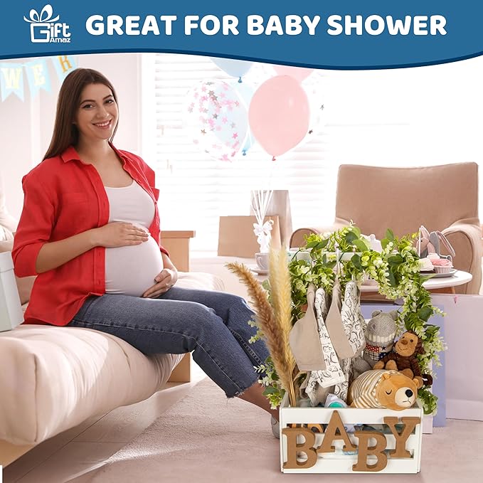 GiftAmaz White Wooden Baby Shower Crate Closet, Baby Storage Crate with Handle, Basket for Baby Shower Gifts, Welcome Gift Basket for Newborn Boys Girls, Pregnancy Gifts for New Parents