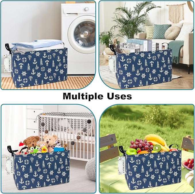Storage Basket,Nursery Hamper Canvas Laundry Basket Foldable with Waterproof PE Coating Storage, Office, Bedroom, Clothes,Toys (Rec-Sailboat)