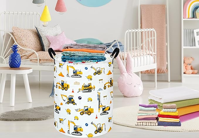 Kids Laundry Hamper Storage Basket Laundry Organizer Hamper Storage Bins Clothes Box Nursery Hamper Gift Basket with Handles(Excavator)