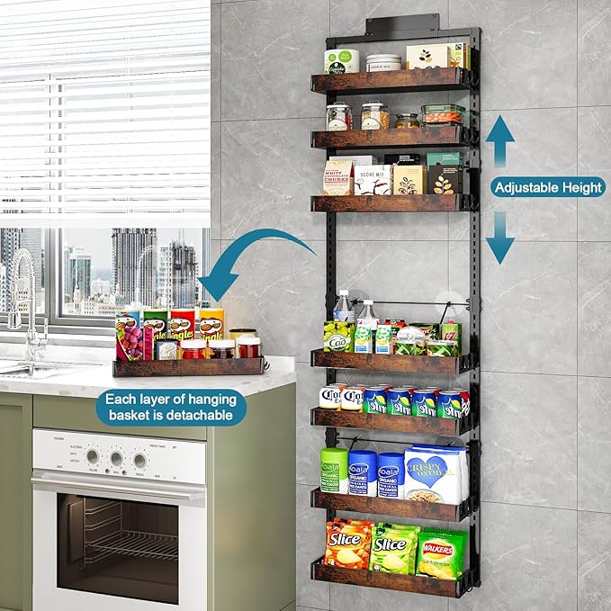BUKFEN 8-Tier Over the Door Pantry Organizer, 2-in-1 Door Hanging or Wall Mounted Spice Rack, Heavy Duty Metal Storage Shelves with Adjustable Wooden Baskets for Kitchen Bathroom Closet