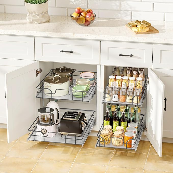 2-Tier Pull Out Cabinet Organizer (14" W x 22" D), Soft Close Cabinet Slide Out Shelves, Heavy Duty Slide Out Drawers with Shelf Liner for Kitchen Cabinets, Pantry Storage, Bathroom