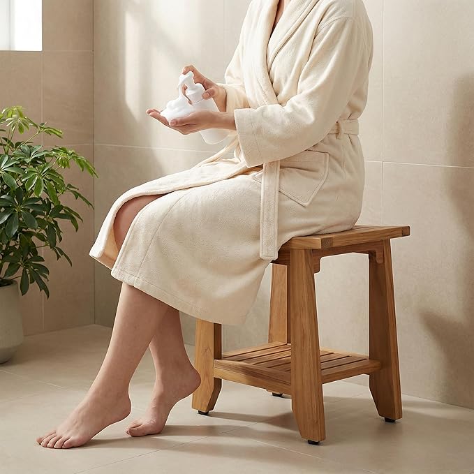 Teak Shower Bench Stool, 14'' Compact Waterproof Wooden Sauna Bath Bench with Storage Shelf, Non-Slip Solid Teak Shower Seat Chair for Small Bathrooms Inside Shower and Outdoor Use