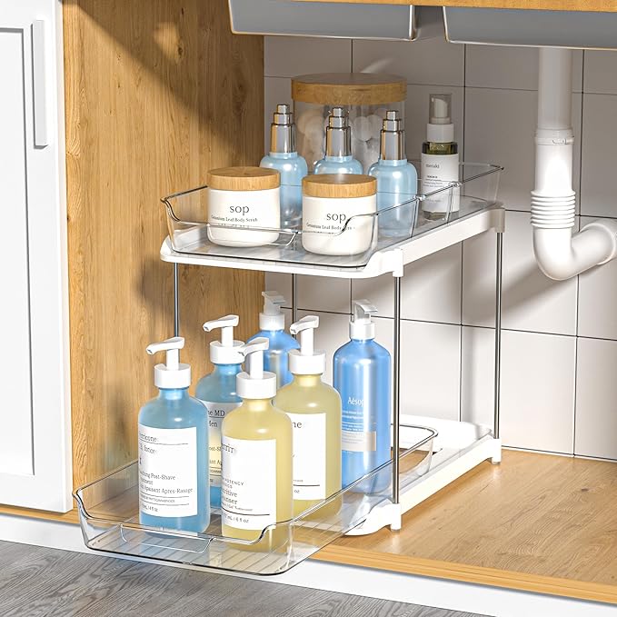 Delamu 2-Tier Bathroom Under Sink Organizers and Storage, Pull Out Cabinet Drawers with Anti-Slip Design, Multi-Purpose Storage for Kitchen, Pantry, Bathroom & Home Organization, Snowy, 1 Pack