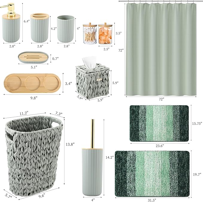 Bathroom Accessories Set, 25PCS Wicker Bathroom Accessory Set with Shower Curtain, Bath Mat, Soap Dispenser, Handwoven Trash Can & Ratten Tissue Box ((Sage Green, Bath Set+Shower Curtain+Rugs)
