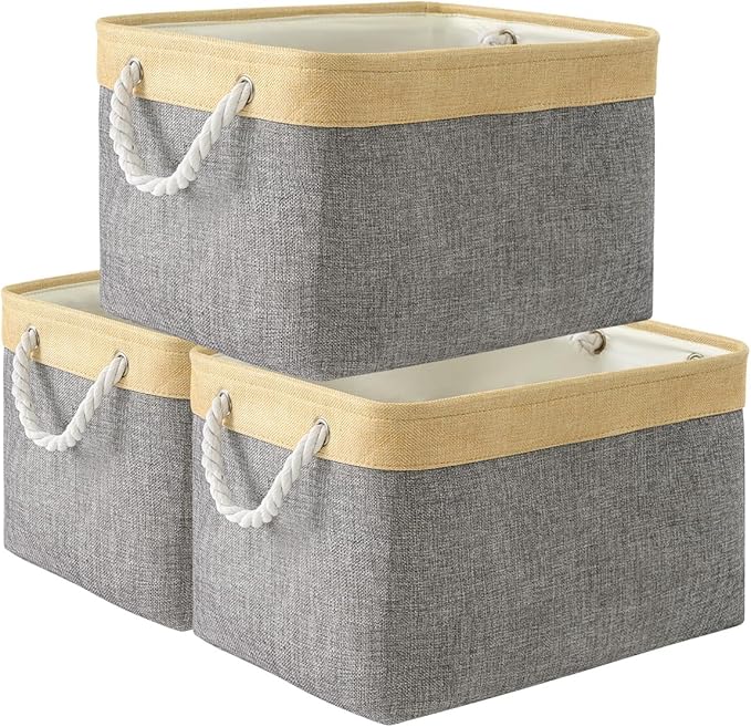 TheWarmHome Storage Basket for Organizing - Fabric Large Cubes 3 Pack 16x12x12 inch Baskets, Cube Storage Bin for Shelves Organizer Closet Cloth Gift Toy (Gold & Grey)