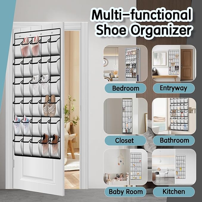 Kotkn 30 Compartment Breathable Mesh Pocket Over the Door Hanging Over the door shoe organizer Shoe rack Over door shoe organizer Hanging shoe organizer (White, 30)