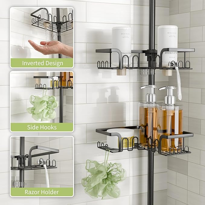 Corner Shower Caddy Tension Pole Adjustable 30.6-127.2 Inch, 4-Tier Rustproof Shower Organizer Shelf Rack, No-Drill Installation Bathroom Storage Shower Caddy Corner Pole, Black