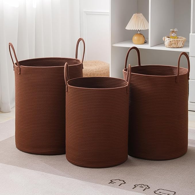 Laundry Basket Hamper Tall Rope Storage Woven for Blanket toys Dirty Clothes in Living Room Bathroom Bedroom (Dark Brown, 100L/26.4Gal)