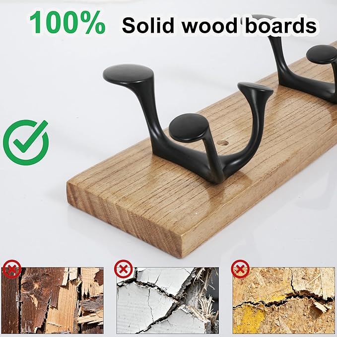SKOLOO 36-Inch Wood Coat Rack Wall Mount with 6 Triple Hooks - Ideal for Family Entrances, Classrooms, and Pet Supplies Storage - Perfect Coat Hooks for Wall, Black on Natural