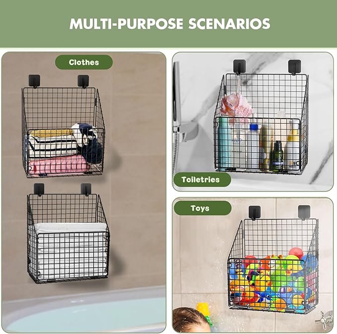 Greentainer 2 Pack Bath Toy Storage Organizer, Large Rustproof Metal Wire Basket, Foldable Wall Mounted Hanging Bathtub Toy Holder with Drainage, No Drill Adhesive Shower Caddy for Bathroom Tub
