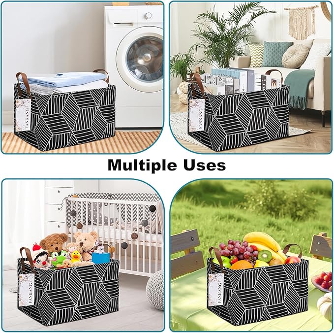 Storage Basket,Nursery Hamper Canvas Laundry Basket Foldable with Waterproof PE Coating Storage, Office, Bedroom, Clothes,Toys (Rec-Black Cube)