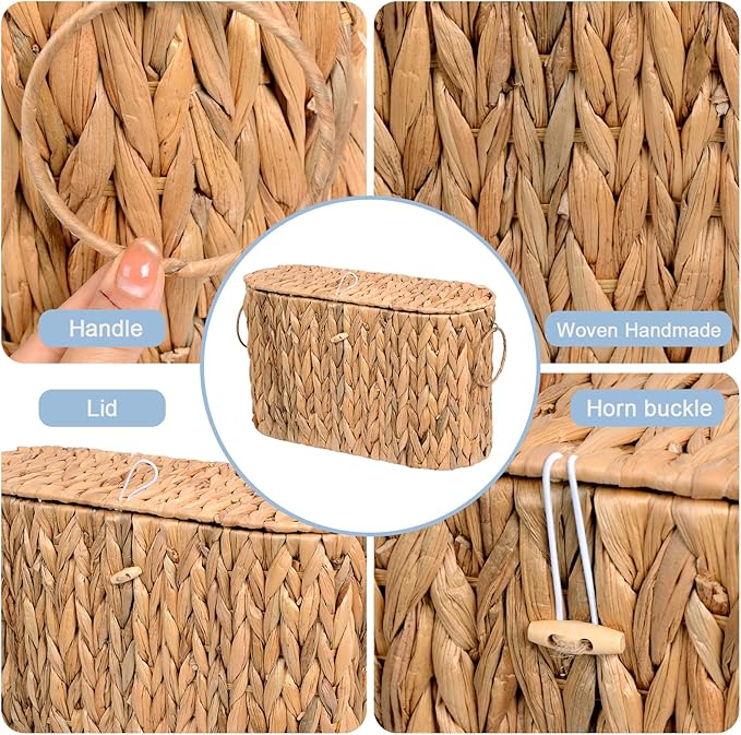 Toilet Paper Storage Basket with Lid - Slim Water Hyacinth Toilet Paper Holder, Holds Up to 6 Mega Rolls, Handwoven Wicker Bathroom Organizer, Natural Rattan Coastal Bathroom Decor