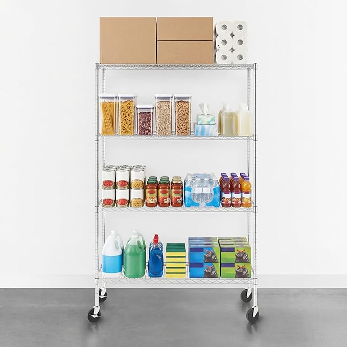 SafeRacks - NSF Certified Storage Shelves, Zinc, Heavy Duty Steel Wire Unit with Wheels and Adjustable Feet, Garage or Bakers Rack, Kitchen, Pantry Shelf - (18"x48"x72" 4-Tier) (Silver)