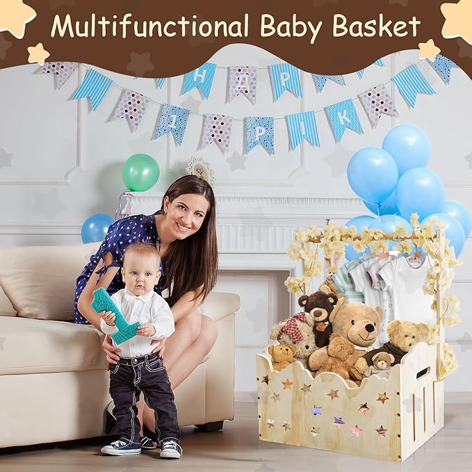 Wooden Baby Shower Crate Closet with Star Design, Hangers & Handle, Large Wooden Crate for Baby Shower Display, Newborn Welcome Basket, Nursery Storage & Decor Organizer