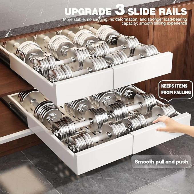 Seinloes Pull Out Cabinet Organizer,4-Side Expandable to Maximize Cabinet Space,Slide Out Drawers with 3 Rail Design,Roll Out Shelf with Raising Pad for Framed Cabinet,13"-21"W x 17"-24"D,White,4 Pack