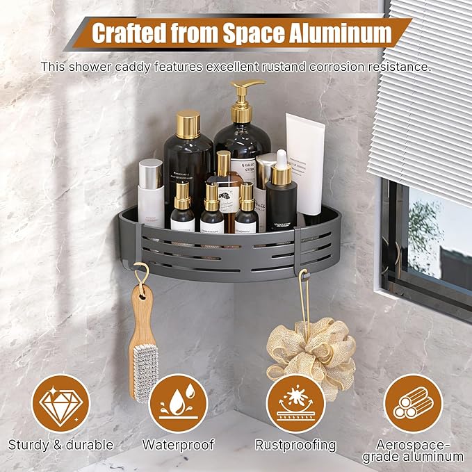 1-Pack Aluminum Corner Shelf, Large Capacity Shower Caddy with Adhesive & Screw Mounting, Rustproof Organizer Storage for Toilet, Laundry Room – Space-Saving Rack with Towel Hooks (Matte Gray)