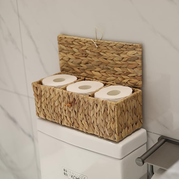 Wicker Bathroom Basket with Lid, Water Hyacinth Toilet Tank Basket with 3 Compartments, Woven Storage Box for Bathroom Organizer (16.7 x 5.7 x 5.7 inch)