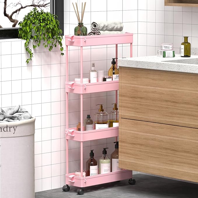 SPACEKEEPER Slim Rolling Storage Cart 4 Tier Bathroom Organizer Utility Cart Mobile Shelving Unit Tower Rack for Kitchen, Laundry Room, Bathroom, Narrow Places, Pink