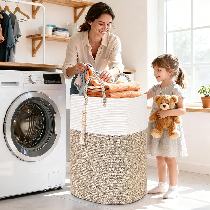 65L Woven Laundry Basket for Clothes, Large Rectangle Laundry Hampers with Beads Tassel, Nursery Storage Basket for Toys, Tall Dirty Clothes Hamper for Bedroom Aesthetic, Laundry Room Organization