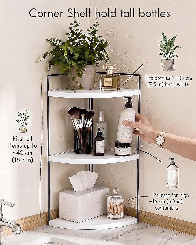 3-Tier Corner Bathroom Countertop Organizer, Solid Pine Wood Vanity Corner Shelf for Skincare & Makeup, Waterproof Standing Rack for Bathroom, Vanity, Kitchen & Dresser, Large 15.7"H, White