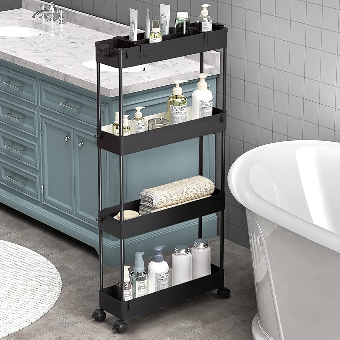 SPACELEAD Slim Storage Cart 4 Tier,Bathroom Organizer Rolling Utility,Mobile Shelving Unit Slide Out for Office, Kitchen, Laundry Room & Narrow Places,Black