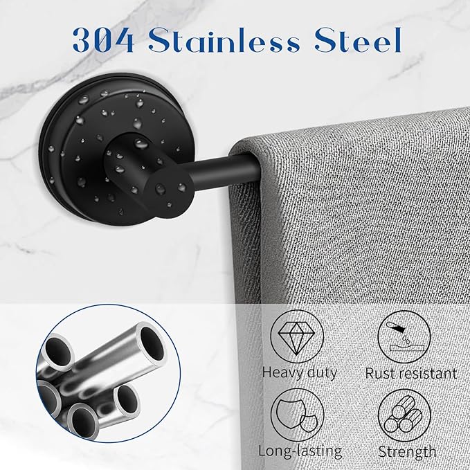 Adjustable Suction Cup Towel Bar for Bathroom Wall, 14.6–24 Inches Black Towel Bar, Stainless Steel Bath Towel Holder, Towel Racks for Bathroom Shower (Matte Black, 2 Pack)
