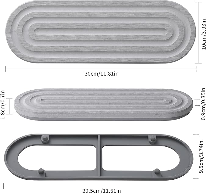 JUKER Premium Diatomaceous Earth Tray Coasters 12" x 4", Quick Dry Absorbent Stone Mat with Non-Slip Silicone Base, Bathroom Sink Caddy, Kitchen Soap Holder, Vanity Organizer, Gray