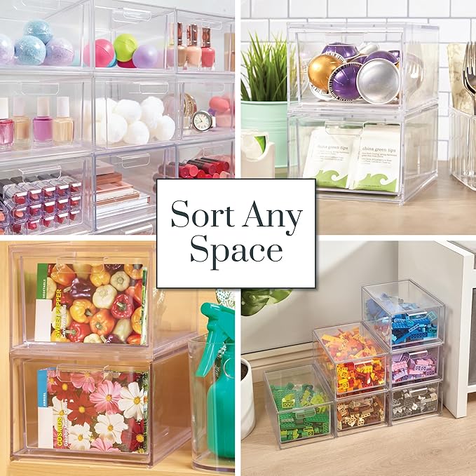 STORi Audrey Stackable Clear Bin Plastic Organizer Drawers | 2 Piece Set | Organize Cosmetics and Beauty Supplies on a Vanity | Made in USA