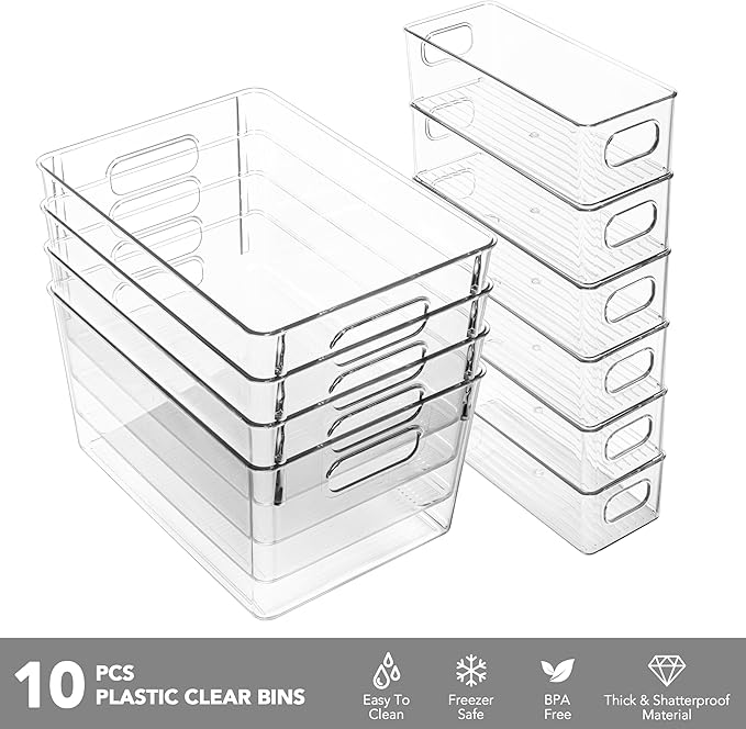Tiawudi Set of 10 Clear Plastic Storage Bins, 4 Large and 6 Small Stackable Storage Containers for Pantry Organization, Organizer Bins for Home, Kitchen, Bathroom, Office, Cabinet Shelf Organizers
