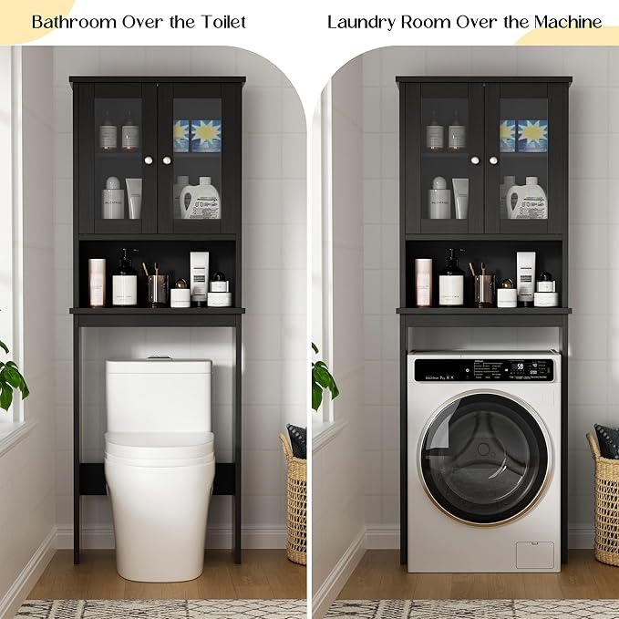 Nuturelly Over The Toilet Storage Cabinet, Bathroom Storage Organizer with Adjustable Shelves and Double Glass Doors, Freestanding Above Toilet Storage with Open Shelf, Wooden Toilet Rack(Black)