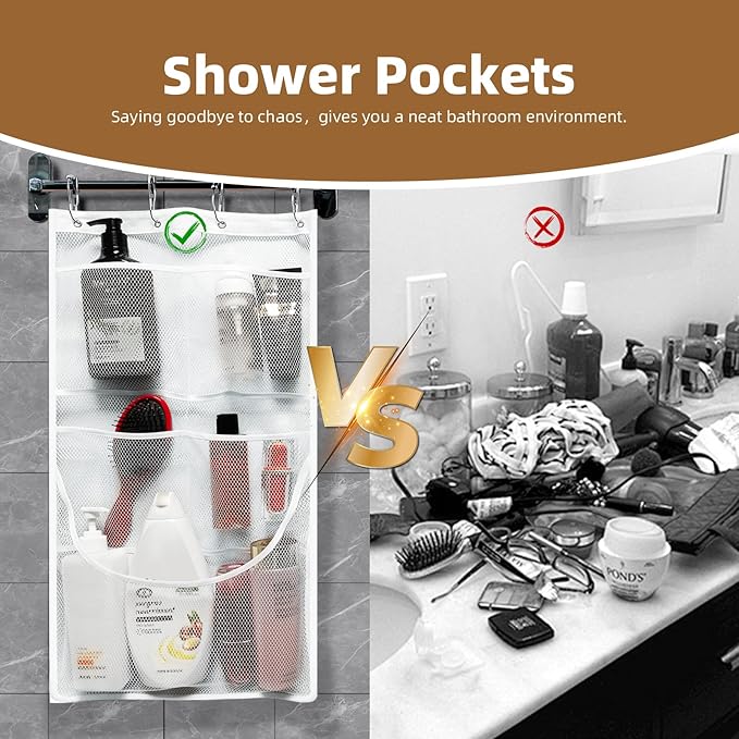 2PCS Mesh Shower Organizer Hanging,Shower Curtain Liner Pockets Hanging with Pockets Quick Dry Cruise RV Camper Bathroom Organizer with Shower Curtain Hooks