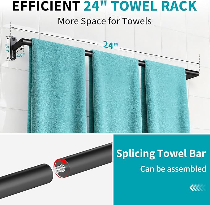 2-Pack Matte Black Bathroom Towel Bar, 24-Inch Towel Racks for Bathroom Wall Mounted, Heavy Duty Towel Rod Holder Mordern Home Decor