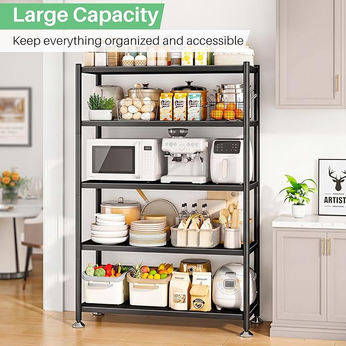 PXRACK Metal Shelving for Storage, 5 Tier Adjustable Kitchen Storage Shelves with Wheels, Shelving Unit Bookshelf Utility Shelf Metal Storage Rack for Garage Pantry Closet Laundry, 35.8"x13"x59.65"
