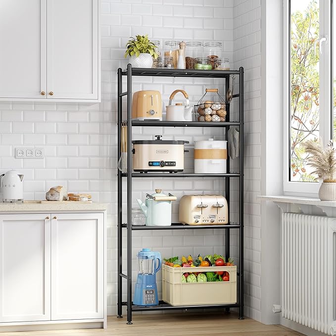 APEXCHASER Metal Shelving, 5-Tier Storage Shelves Large Capacity Steel Wire with Hooks, Adjustable Leveling Feet, Space-Saving Shelf Organizer for Pantry, Laundry, Kitchen (33''Lx12.6''Wx71.5''H)