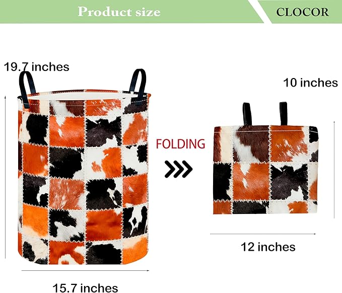 CLOCOR Round Collapsible Flat Storage Basket,Space-Saving Fabric Laundry Hamper for Clothes,Nursery Hamper,Gift Basket(Cowhide)