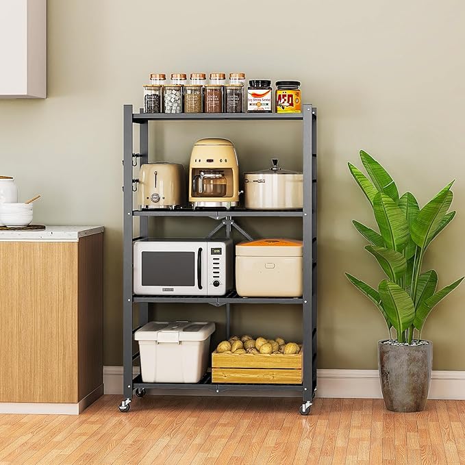 4-Tier Folding Metal Storage Shelf with Wheels & Hooks, Heavy Duty No-Assembly Collapsible Utility Rack for Kitchen, Garage, Office, Living Room – 600 lbs Capacity(Black, 4-Tier)