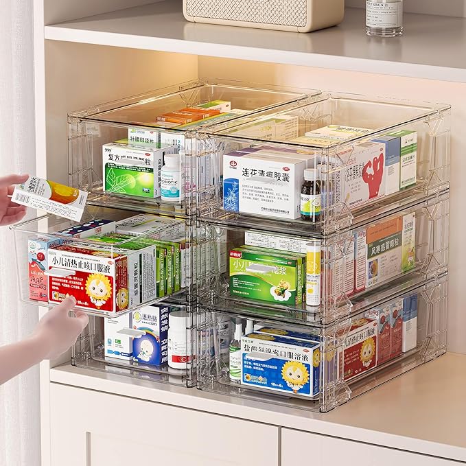4 pack clear Drawer-Type Plastic Storage Box Bins Organizer，Family First Aid Kits Medicine cabinet Box Organizer,Closet ，Shelf，Ointments, Adhesive Bandages，Cosmetics,Office Items (clear, ZZ4L)