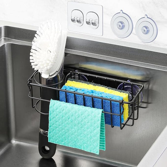 3-In-1 Sponge Holder for Kitchen Sink, 2 Type Suspension Options (Suction Cups & Adhesive Hook), Hanging Sink Caddy Organizer Rack - Sponge, Dish Cloth, Brush, Scrubber, 304 Stainless Steel - Black