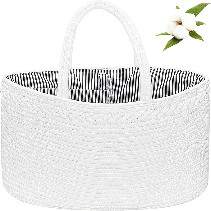 ABenkle X-Large Diaper Caddy Organizer, Boho Rustic Cotton Rope Nursery Baby Basket, Changing Table Organizer for Baby Diaper Storage and Baby Shower