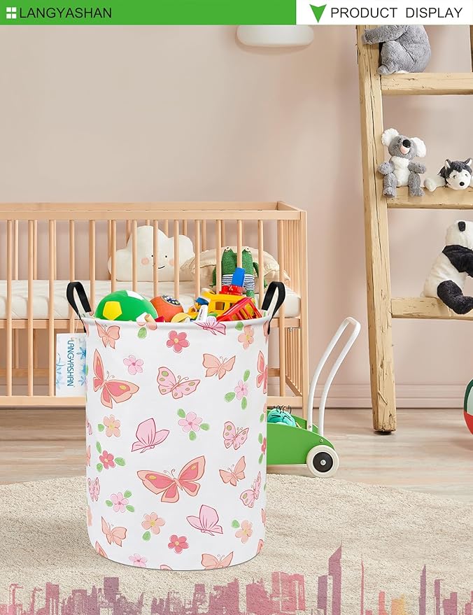 Laundry Basket Canvas Fabric Collapsible Organizer Basket for Storage Bin Toy Bins Gift Baskets Bedroom Clothes Children Nursery Hamper (Pink Butterfly)