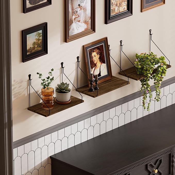 QsQueen Elevate Your Space with Rustic Wood Floating Shelves Set of 3- Perfect for Bedroom, Living Room, Bathroom, and Kitchen Decor - Easy Installation, No Drilling Needed! Brown