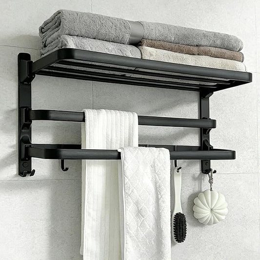 24in Towel Racks Shelf for Bathroom, Foldable Wall Mounted Towel Storage with 2 Towel Bar 9 Hook, Modern Rustproof Towel Holder with Shelves, Towel Hanger for Hotel Dorm Restroom RV Gym, Black