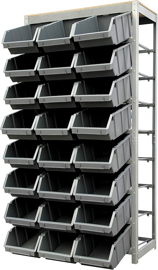 King's Rack Bin Rack Storage System Heavy Duty Steel Rack Organizer Shelving Unit w/ 24 Plastic Bins in 8 Tiers