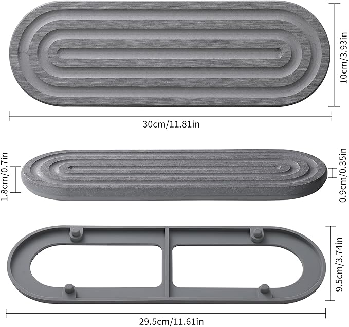 JUKER Premium Diatomaceous Earth Tray Coasters 12" x 4", Quick Dry Absorbent Stone Mat with Non-Slip Silicone Base, Bathroom Sink Caddy, Kitchen Soap Holder, Vanity Organizer, Dark Gray