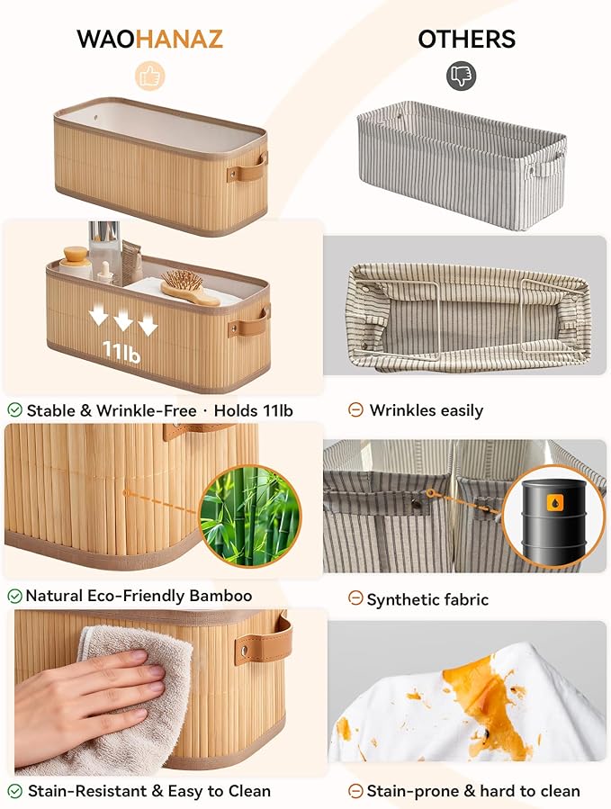 Narrow Storage Bins, Small Basket for Closet and Shelves, Bamboo Toilet Paper Storage Organizer with Handles for Countertop-Bathroom-Home Decor, 4-Pack