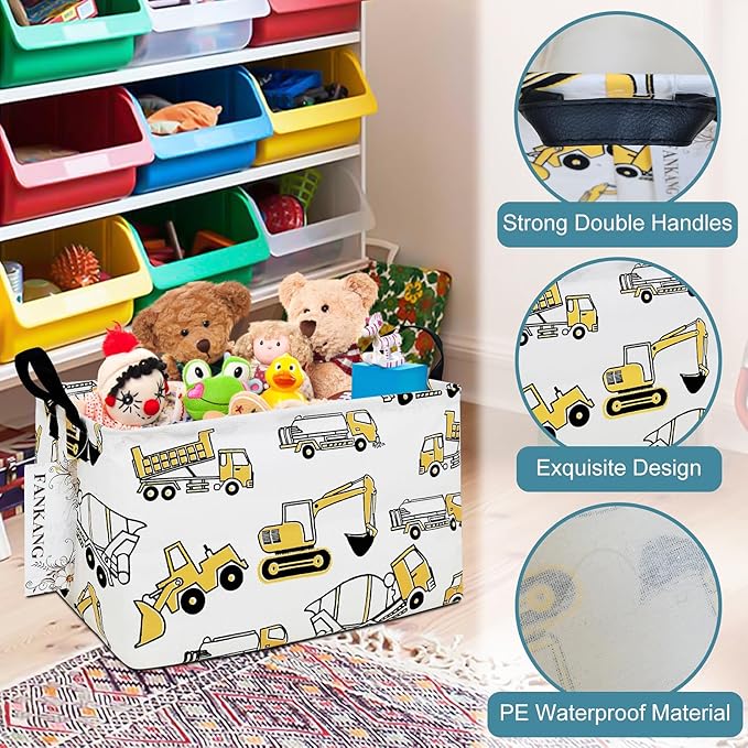 Storage Bins, Nursery Hamper Canvas Laundry Basket Foldable with Waterproof PE Coating Large Storage Baskets for Kids Boys and Girls, Office, Bedroom, Clothes,Toys(Rec-excavator）
