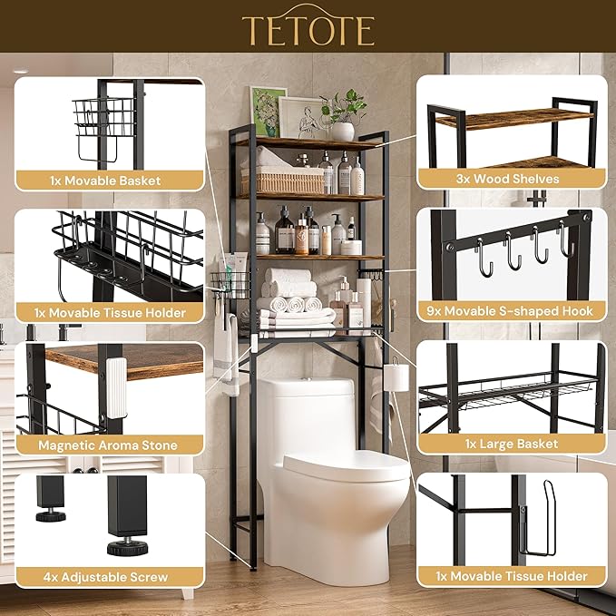 TETOTE Over Toilet Bathroom Organizer, 4-Tier Bathroom Over the Toilet Storage with Adjustable Shelf and Basket, Freestanding Space Saver Bathroom Shelves Above Toilet for Room(Brown)
