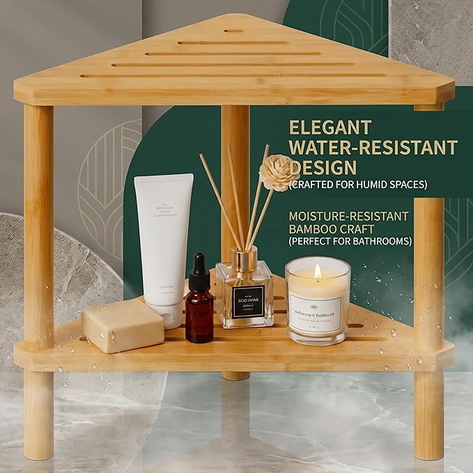 Bamboo Corner Shower Stool with Storage Shelf, Waterproof 2-Tier Shower Foot Rest for Shaving Legs, Small Bathroom Corner Bench Organizer for Inside Shower, Spa Bath Seat
