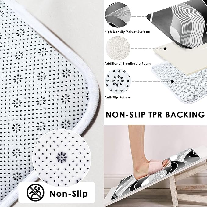 Grey Black Wavy Line Shower Curtain Set with Toilet Lid Cover and Non-Slip Rugs for Bathroom, Abstract Stripes 4 Pcs Shower Curtain, Modern Geometric Bathroom Set with 12 Hooks